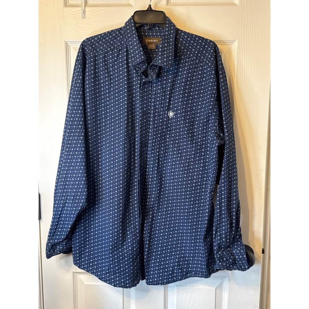 Ariat Men’s XL Blue Geometric Print Western Button Down Shirt Cotton